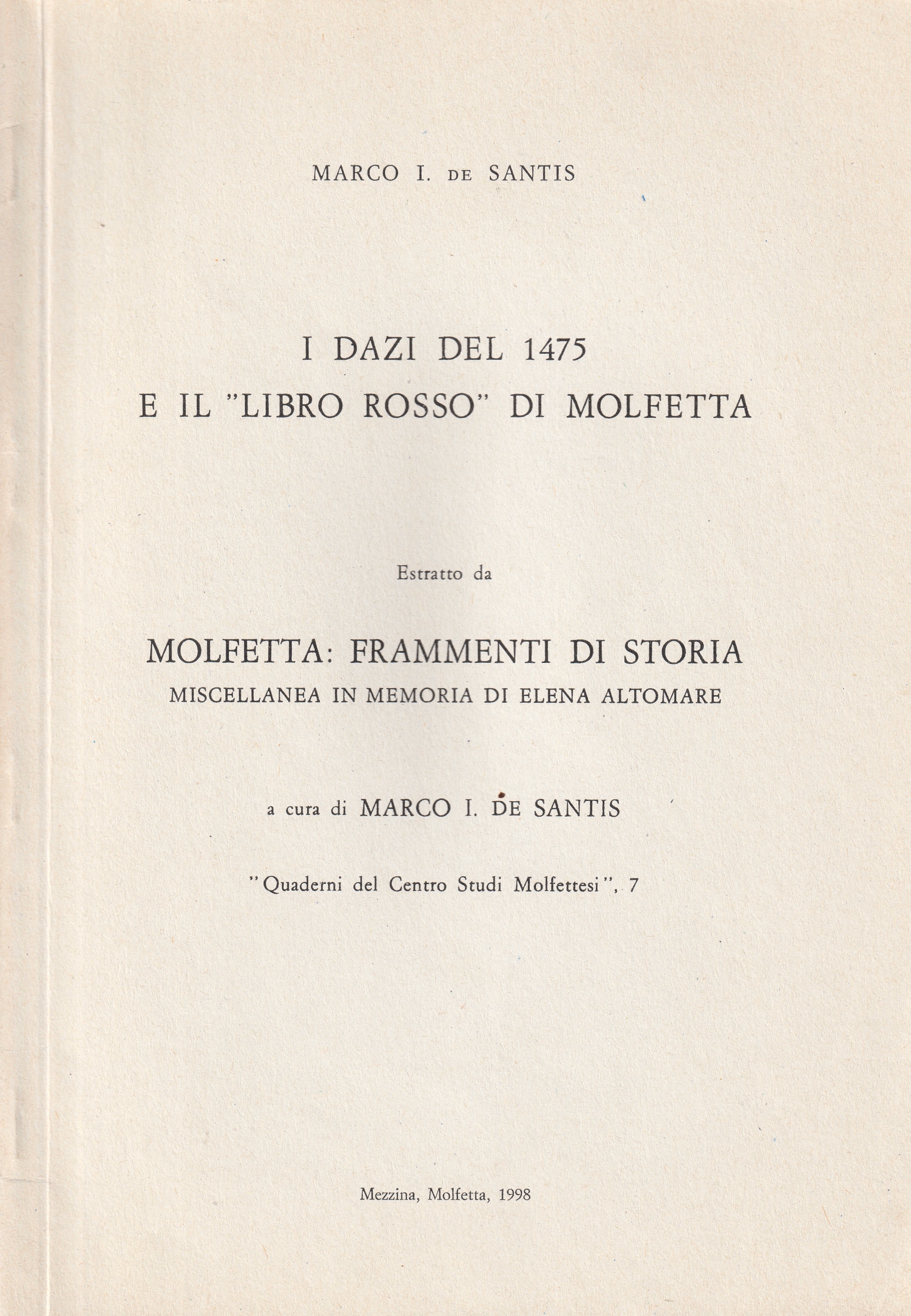 Copertina di "I dazi del 1475 e il "Libro Rosso" di Molfetta"