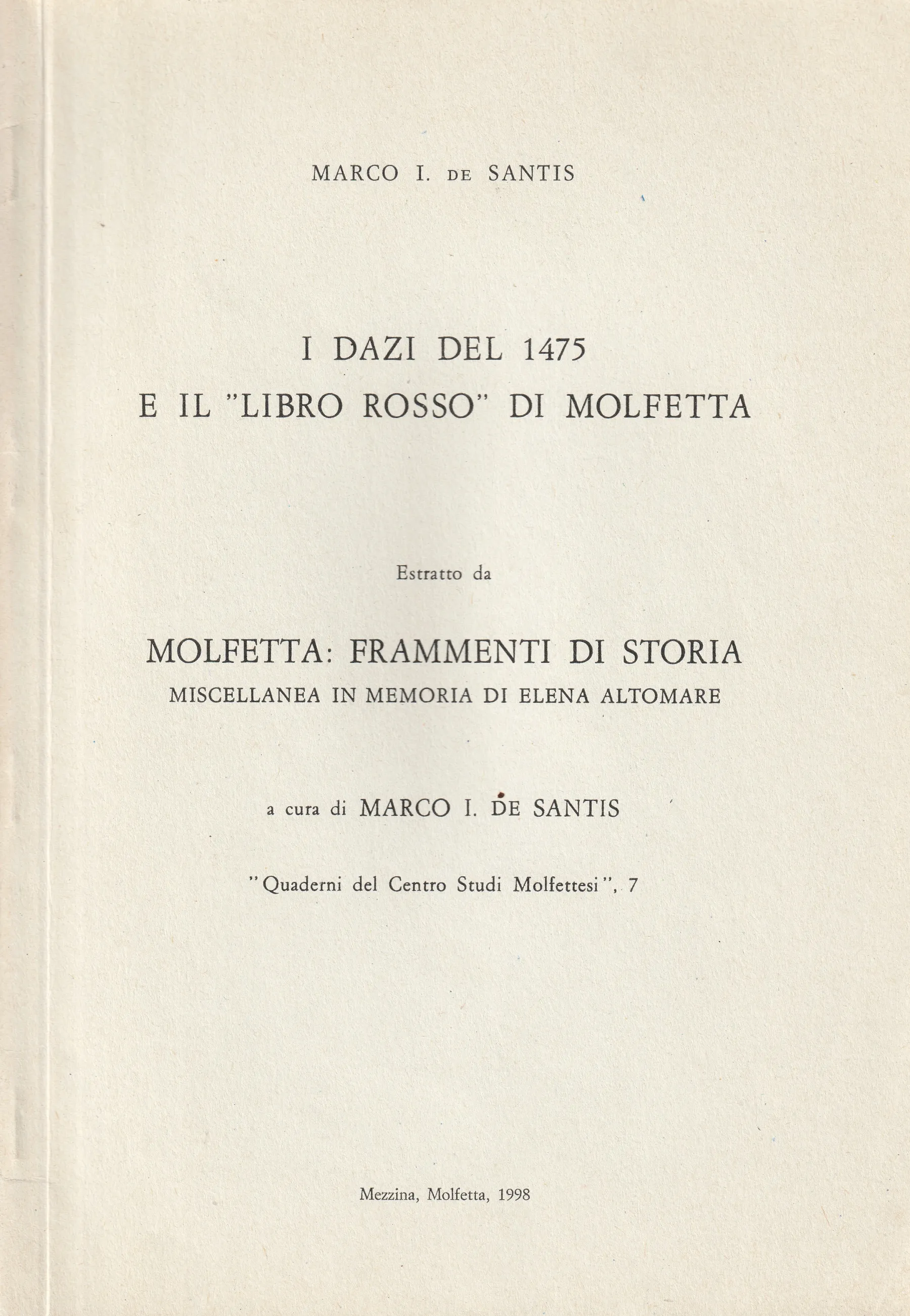 Copertina di "I dazi del 1475 e il "Libro Rosso" di Molfetta"