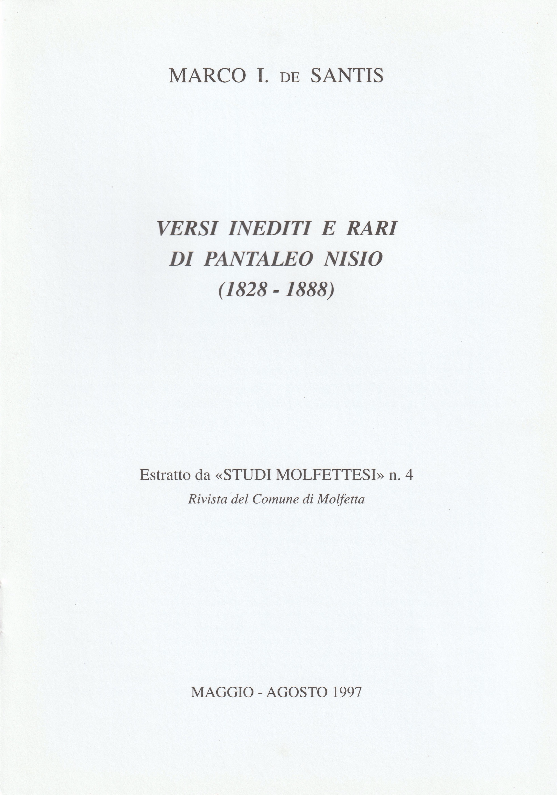 Copertina di "Versi inediti e rari di Pantaleo Nisio (1828-1888)"