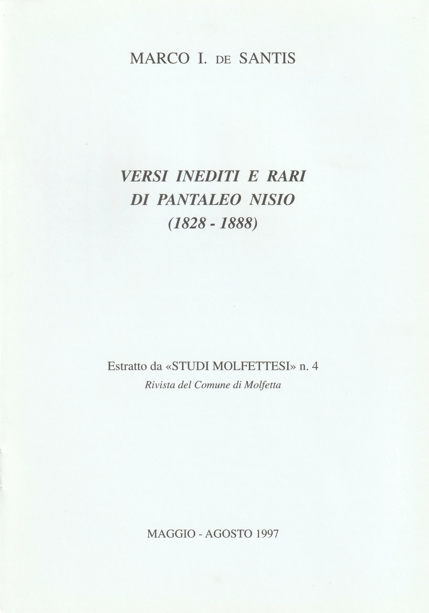 Copertina di "Versi inediti e rari di Pantaleo Nisio (1828-1888)"