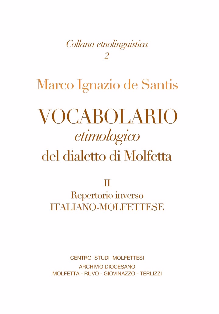 Copertina di "Vocabolario etimologico del dialetto di Molfetta, vol. II: Repertorio inverso Italiano-Molfettese"