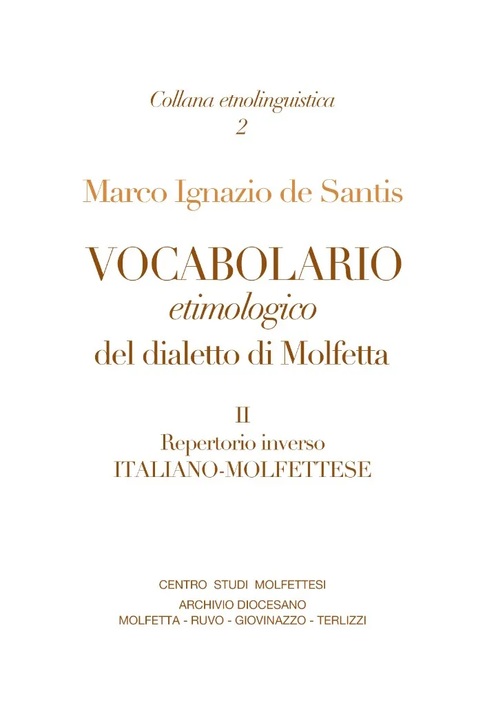 Copertina di "Vocabolario etimologico del dialetto di Molfetta, vol. II: Repertorio inverso Italiano-Molfettese"